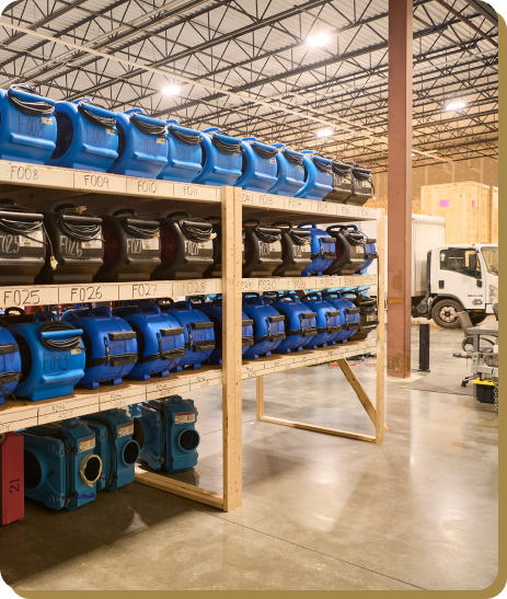 warehouse with trucks and restoration equipment