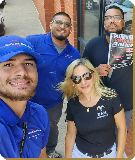 a ram restoration representative and three plumbers